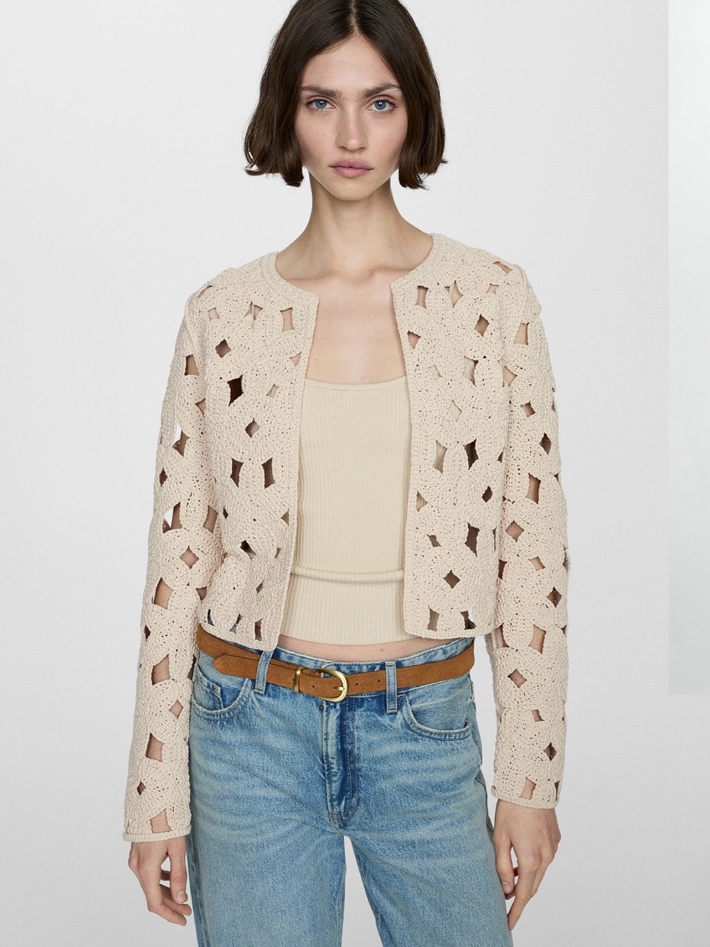 Mango CROCHET JACKET WITH OPENWORK DETAILS in beige. Size S. Like new.